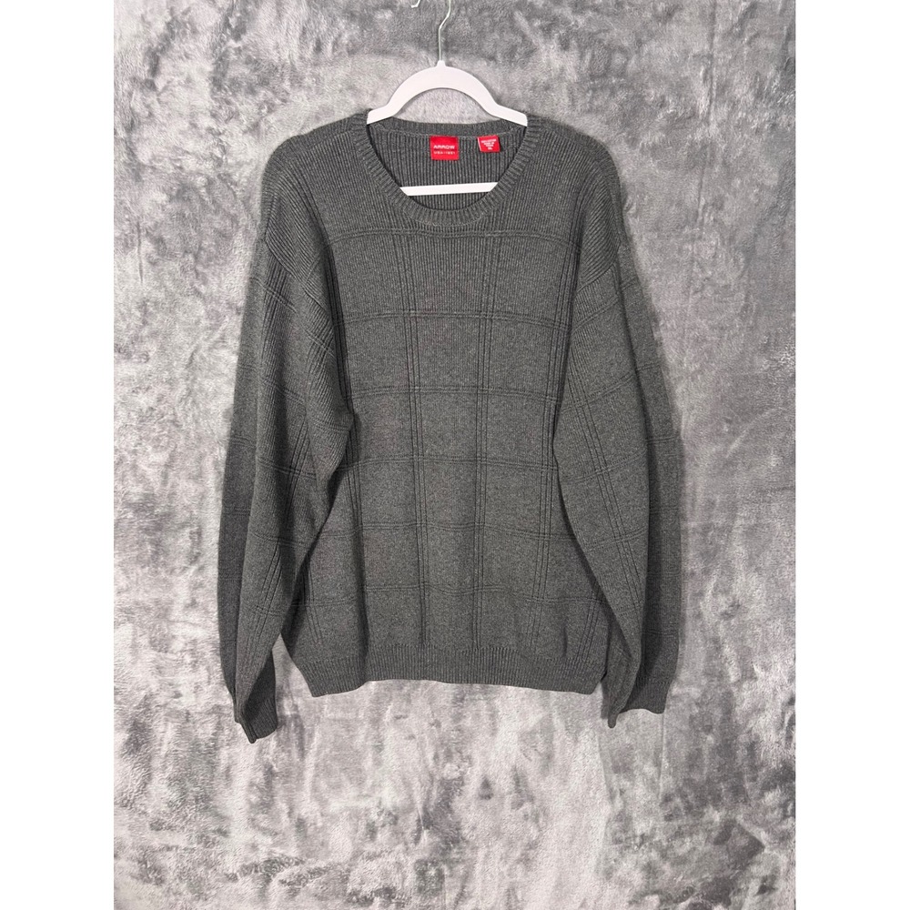 Arrow USA 1851 Mens XL Charcoal Gray Cotton Grid Textured Crewneck Sweater